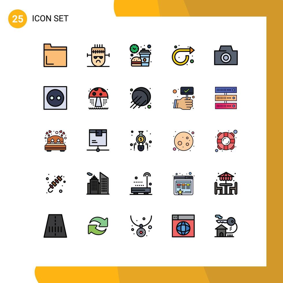 Set of 25 Vector Filled line Flat Colors on Grid for camera right coffee repeat arrow Editable Vector Design Elements