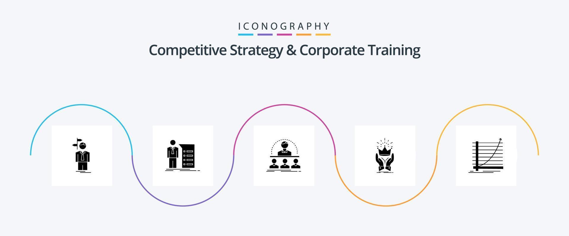 estrategia competitiva y paquete de iconos de glifo 5 de capacitación corporativa, incluido el rey. corona. reunión. mentor. curso vector