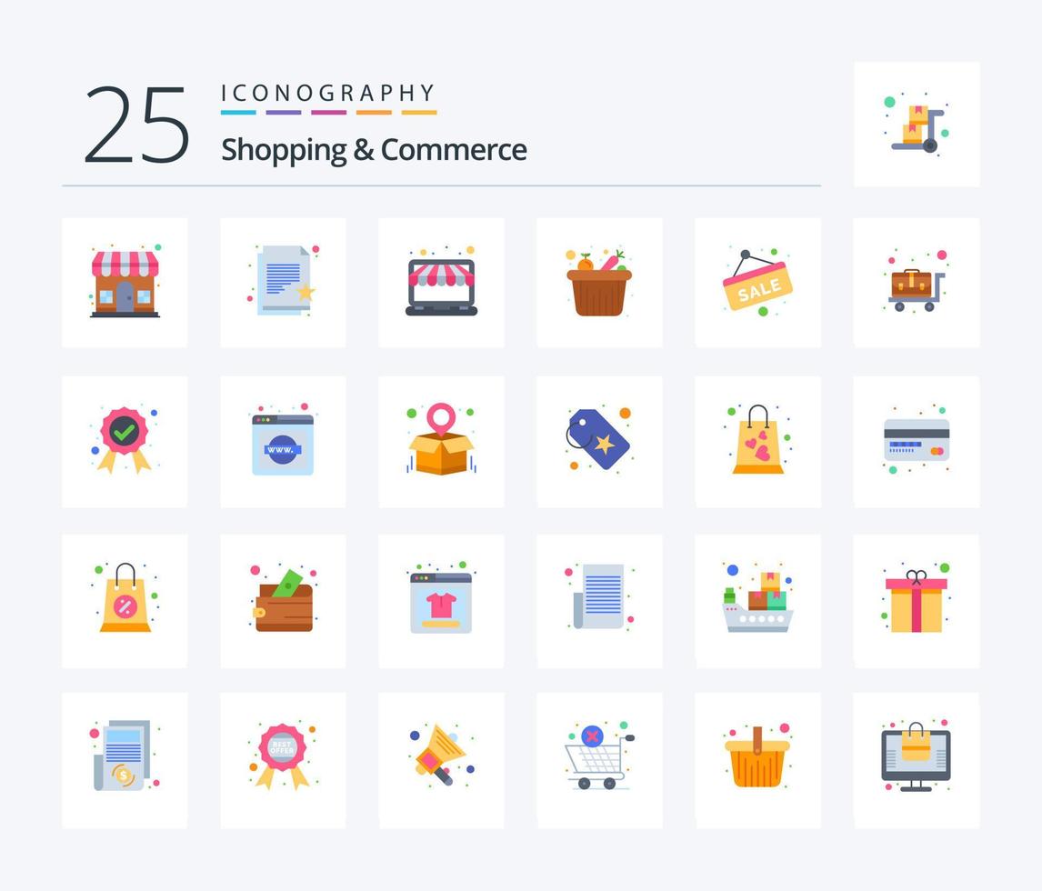 Shopping And Commerce 25 Flat Color icon pack including grocery. fruits bucket. wish list. food bucket. market vector