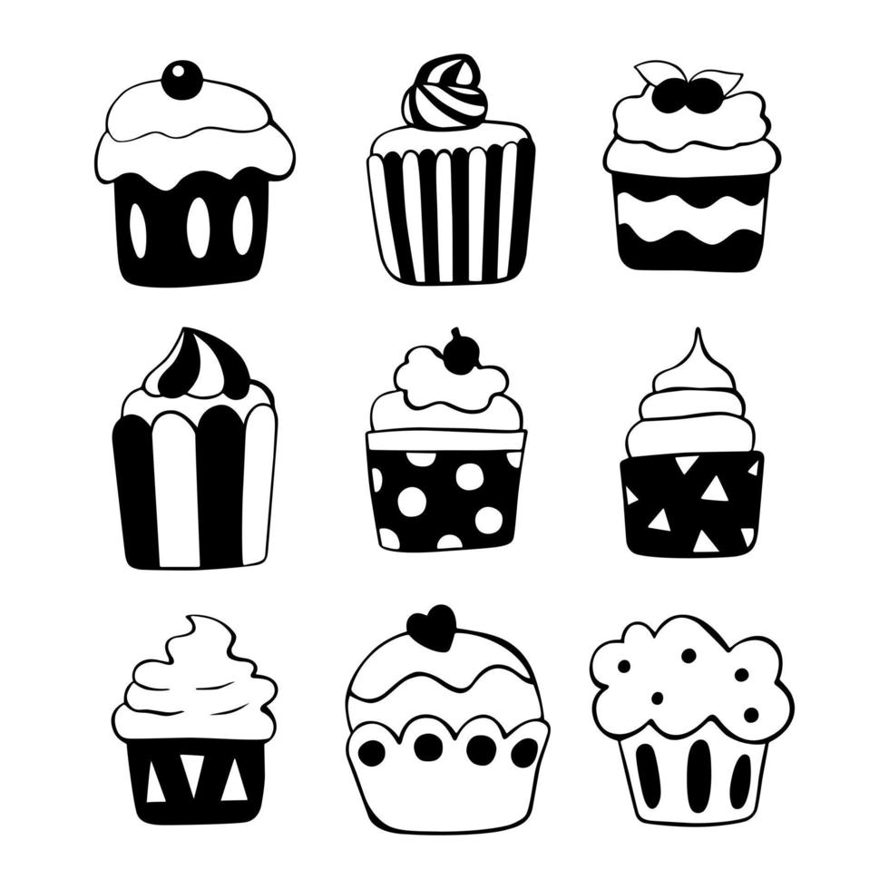 Monochrome Black line set of nine cupcakes on white background. Hand drawn cartoon style. Doodle for coloring, decoration or any design. Vector illustration of kid art.
