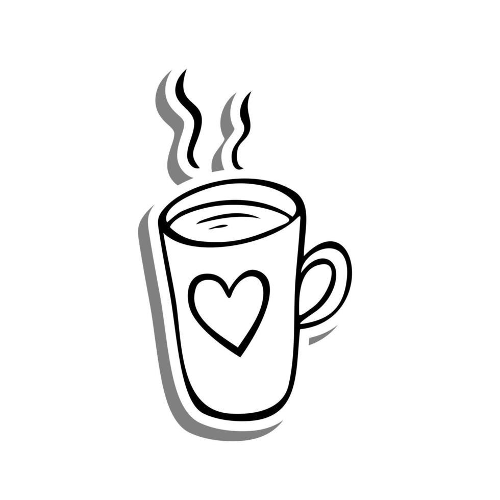 taza de amor de línea de garabato en silueta blanca y sombra gris. ilustración vectorial tema de San Valentín para la decoración o cualquier diseño. vector