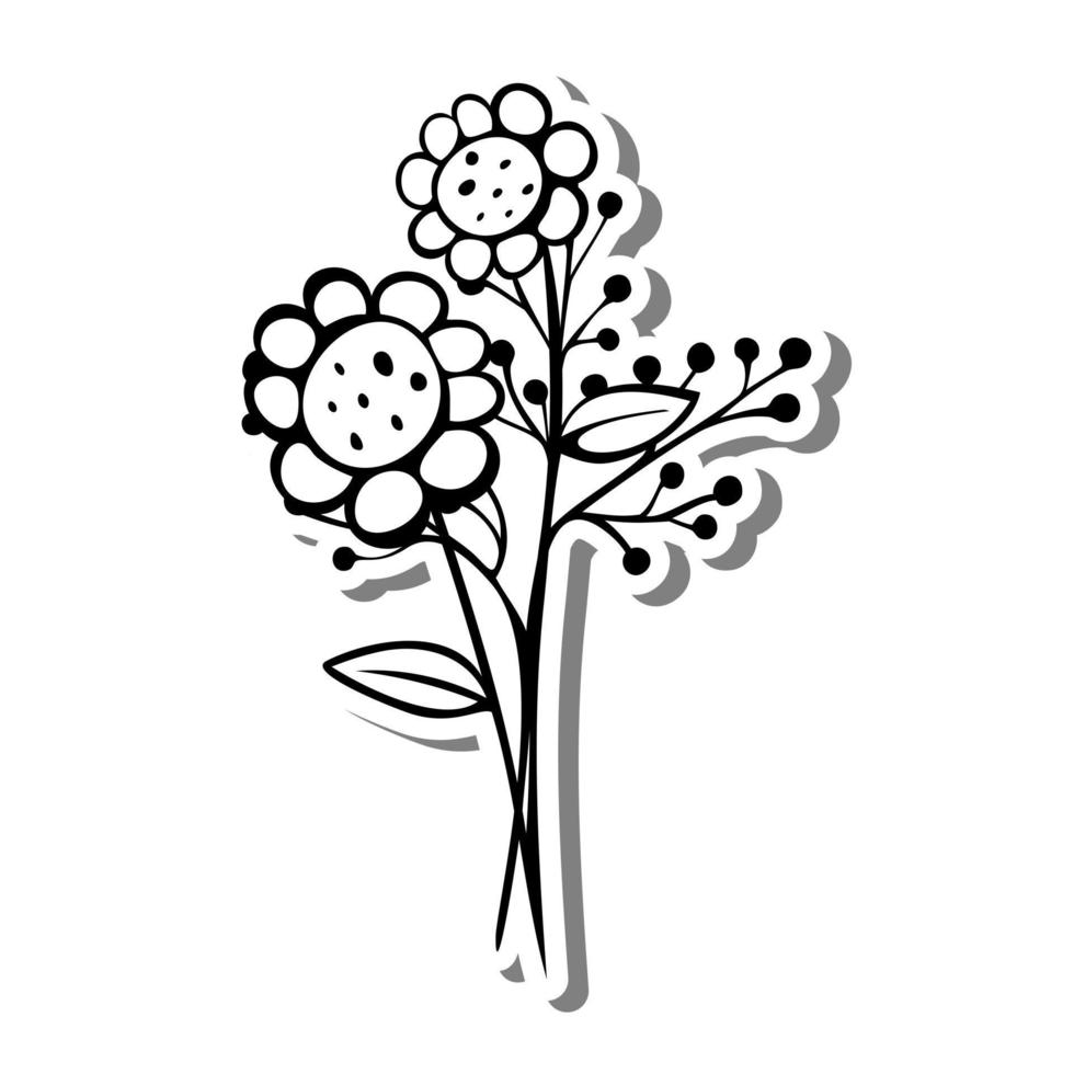 Bunch of Flowers Line Art. Flowers, Leaves and Pollen on white silhouette and gray shadow. Vector illustration for decoration or any design.