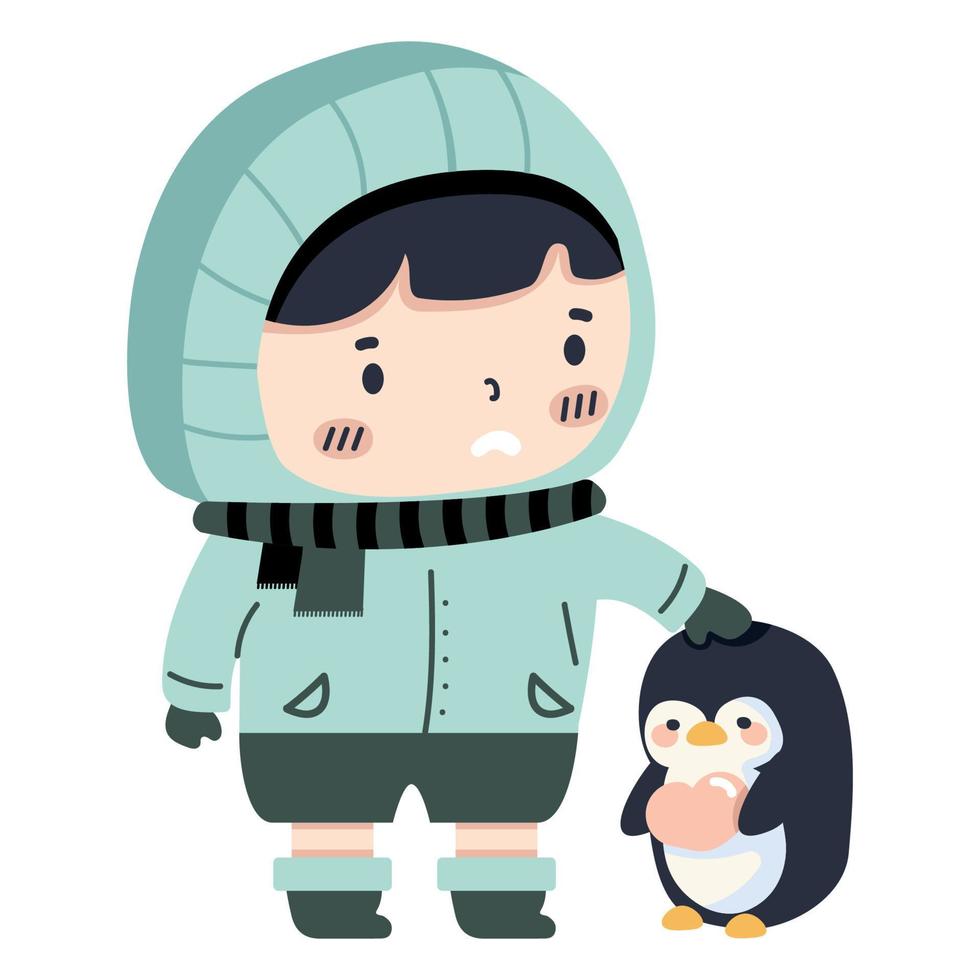niño lindo con suéter con pingüino vector