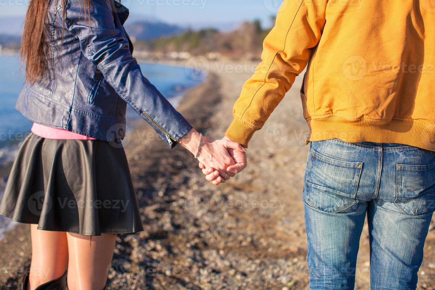 Rear view of a man and woman holding hands on the sea background photo