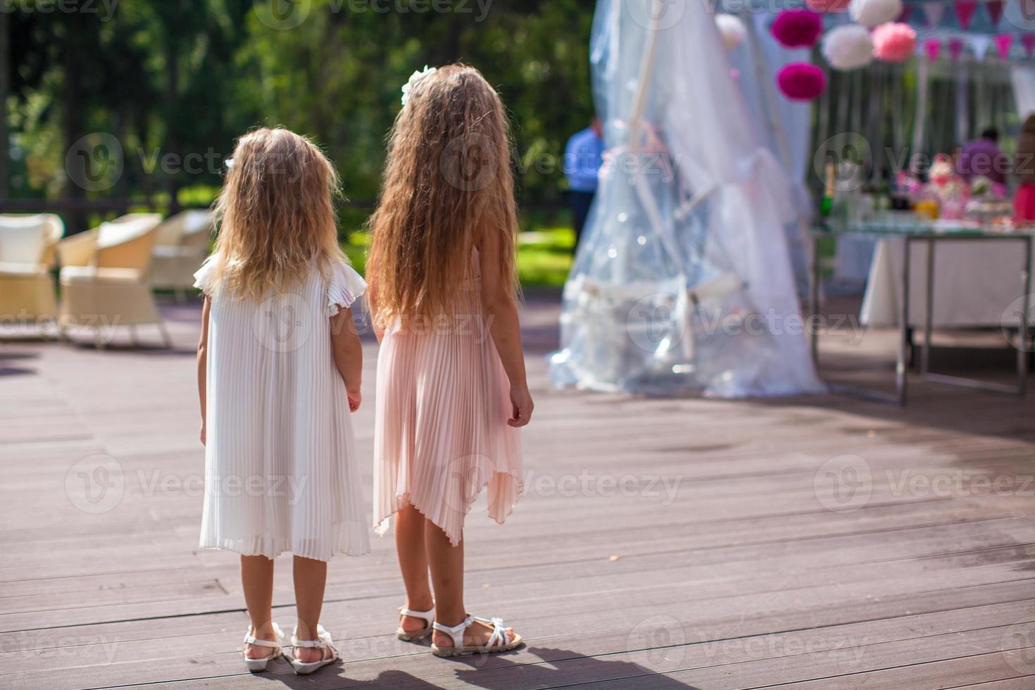 Two cute little girls in beautiful dresses on the wedding ceremony photo