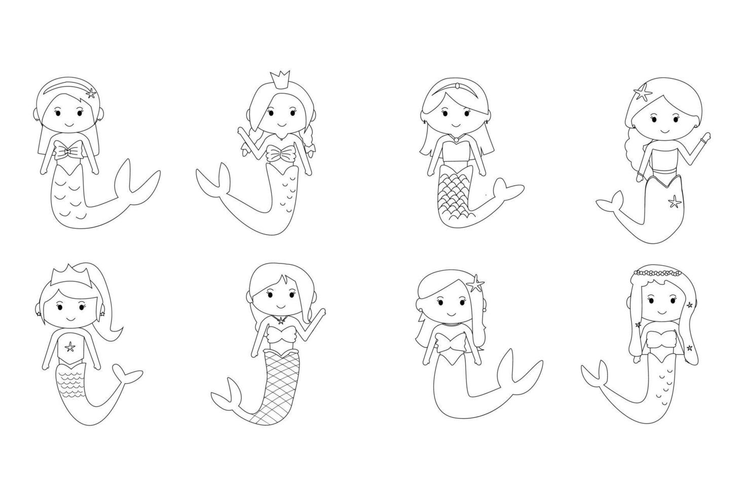 linda línea doodle princesa sirena carácter clipart conjunto vector