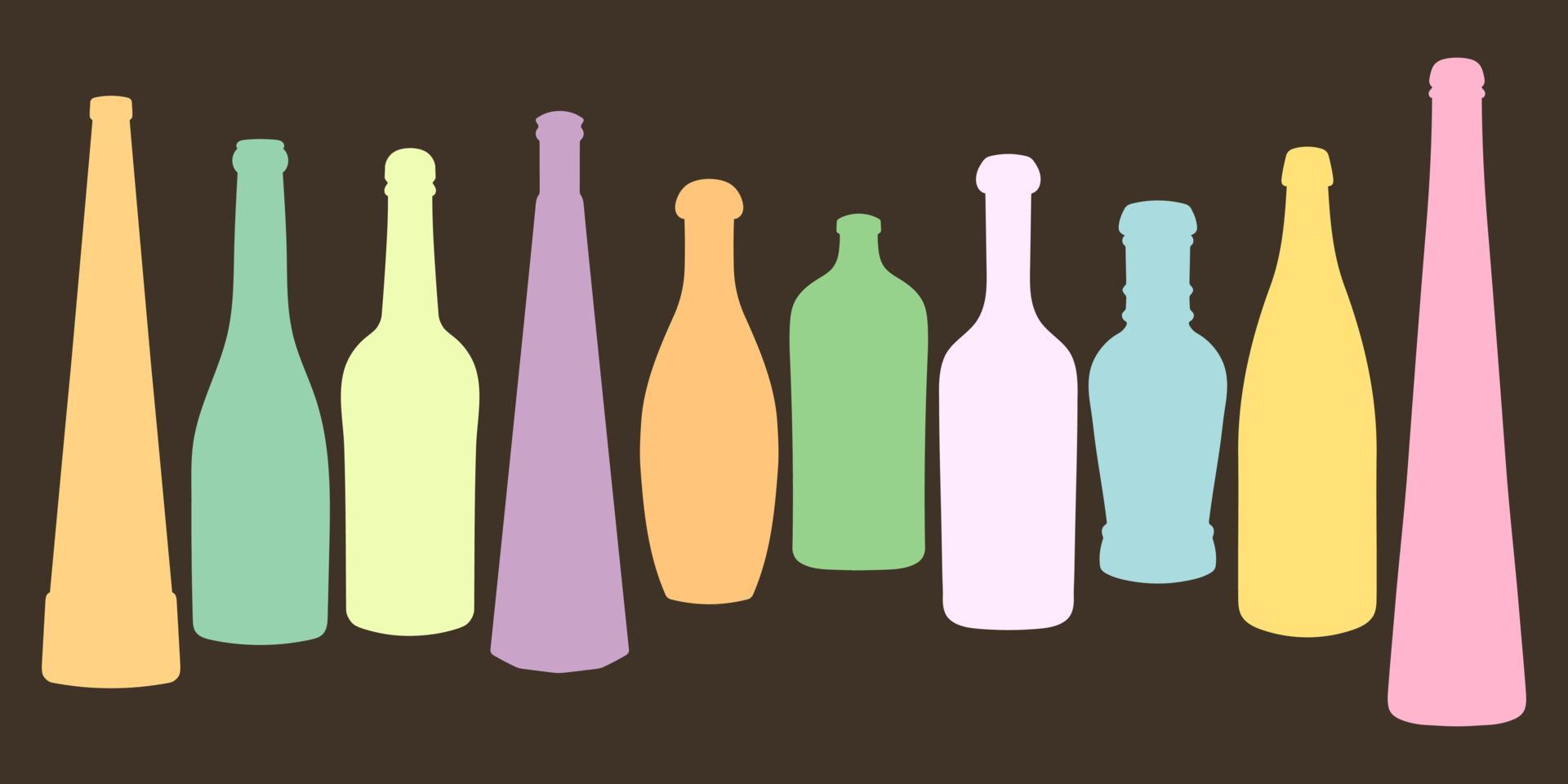 Vector set of colored shape of silhouette of bottle for alcohol, beer, kvass, waters. Outline of a container for storing liquid