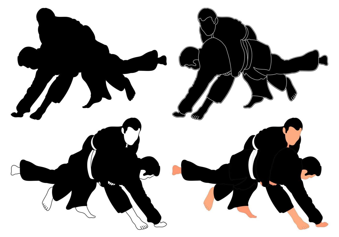 Silhouettes judoist, judoka, fighter in a duel, fight, judo sport, martial art, sport silhouettes pack vector