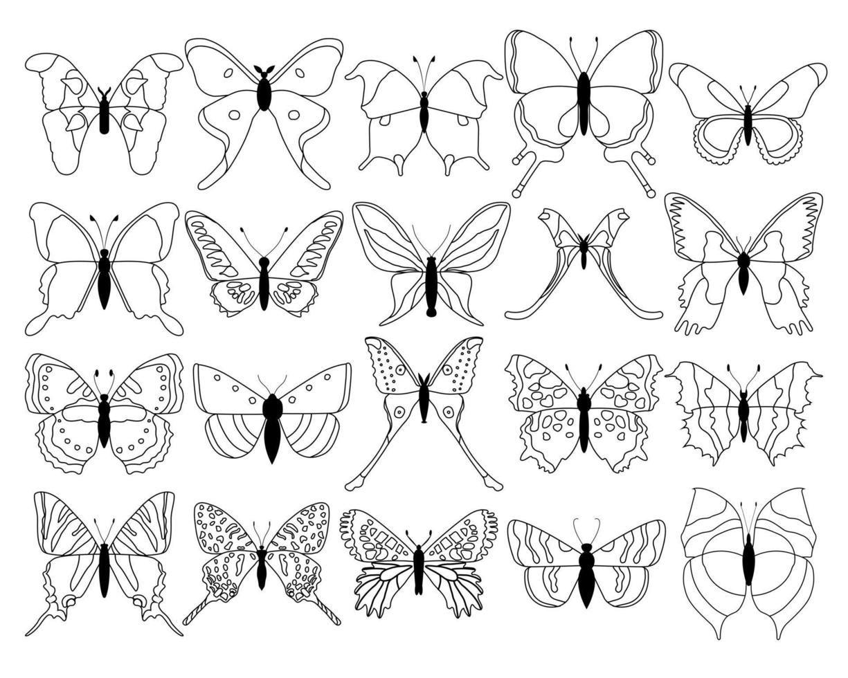 Big set butterflies on a white background, drawing decorative insect, silhouettes hand draw, isolated vector