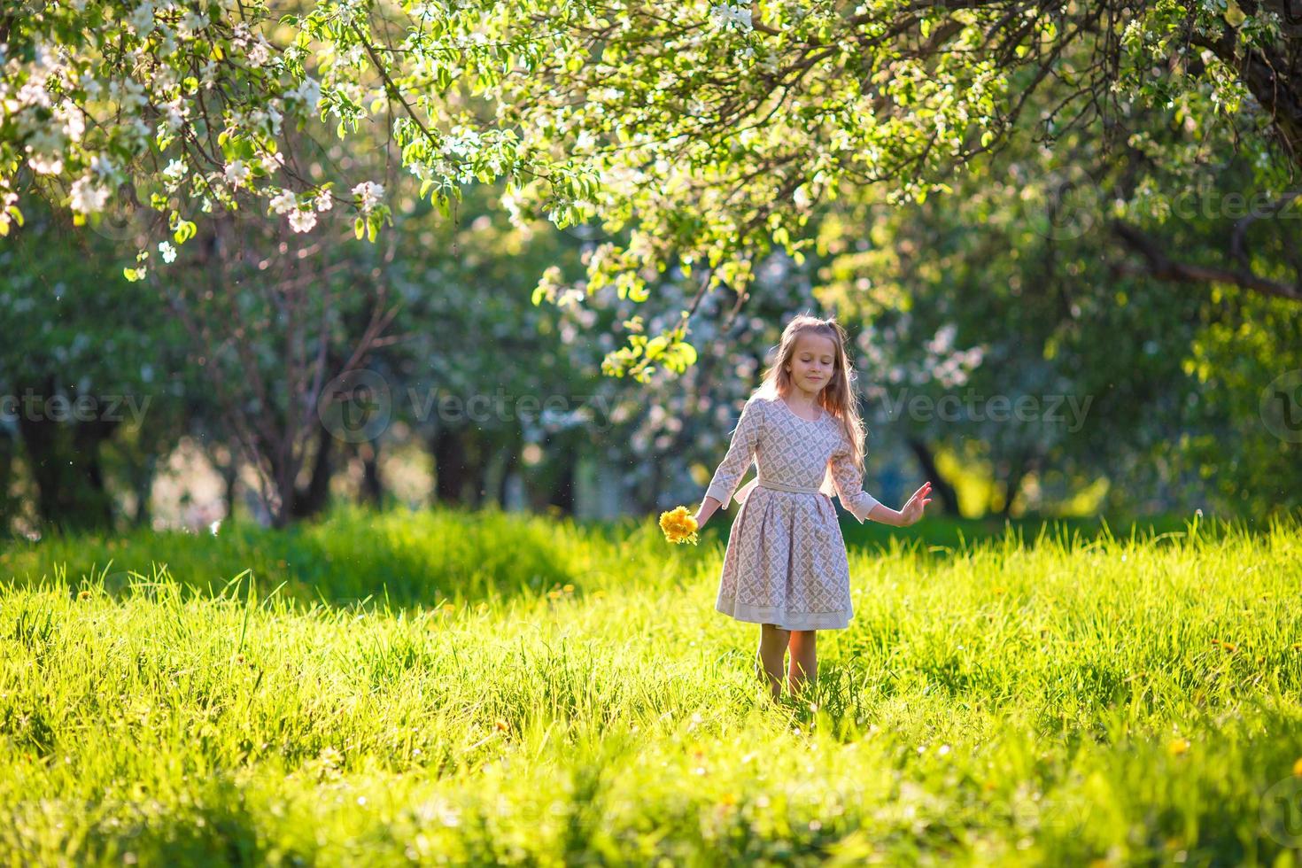 Little girl in blooming apple garden outdoors photo