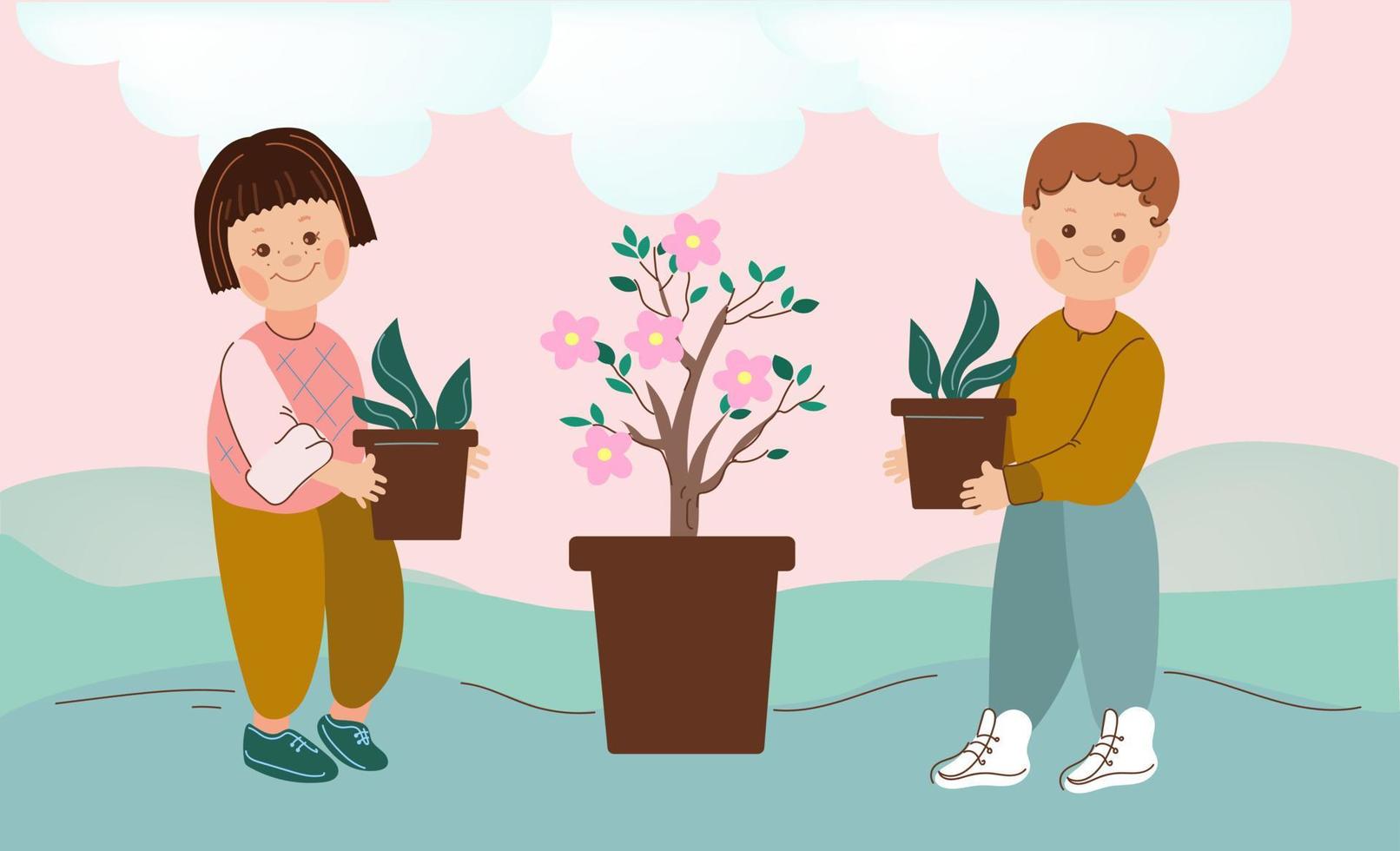 niños con árboles jóvenes para plantar .tu bishvat. fiesta judía. año nuevo para los árboles. ilustración de fideos de dibujos animados vectoriales. vector