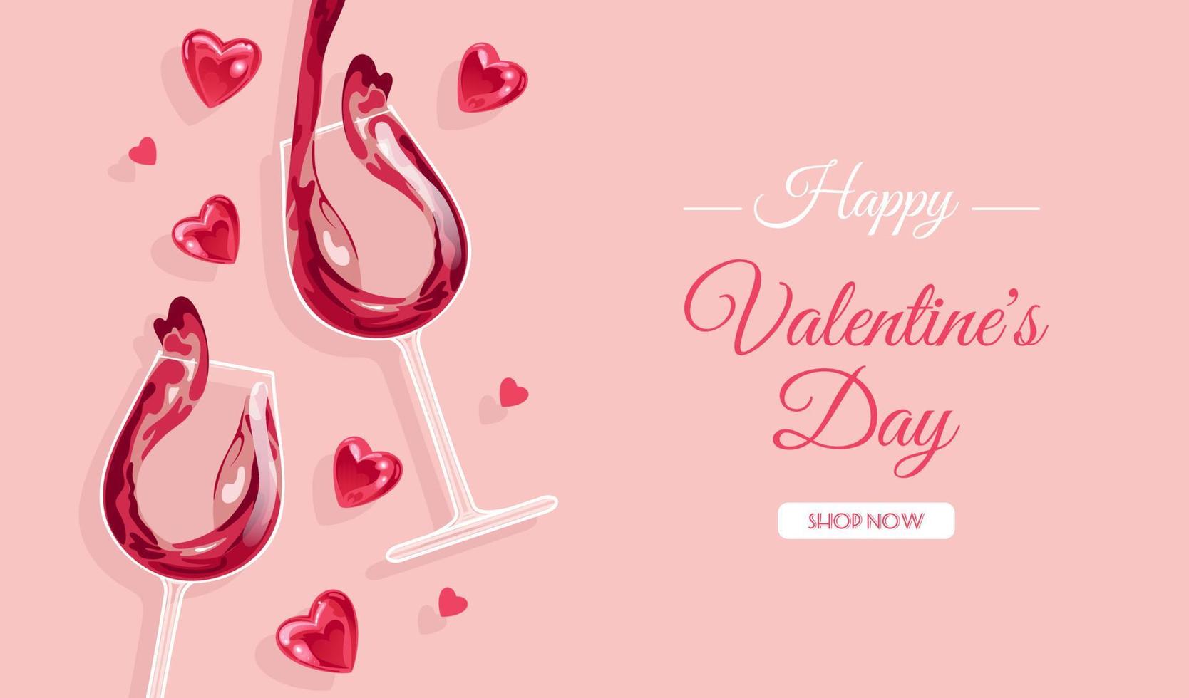 Festive banner for Valentines Day, International Wine Day. Realistic glass of sparkling rose wine. Shining hearts. For advertising, website, poster, flyer vector