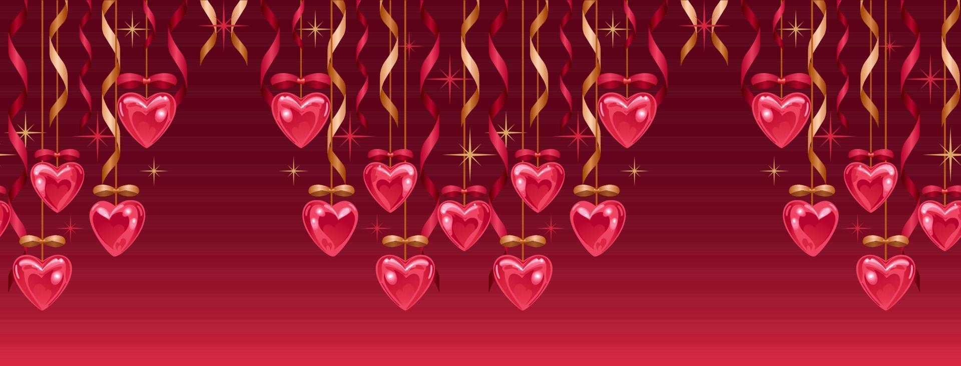 Seamless border for valentines day. Shining hearts, gold and red ribbons and bows, stars. love you. Bright horizontal vector illustration in a realistic style. For advertising banner, website
