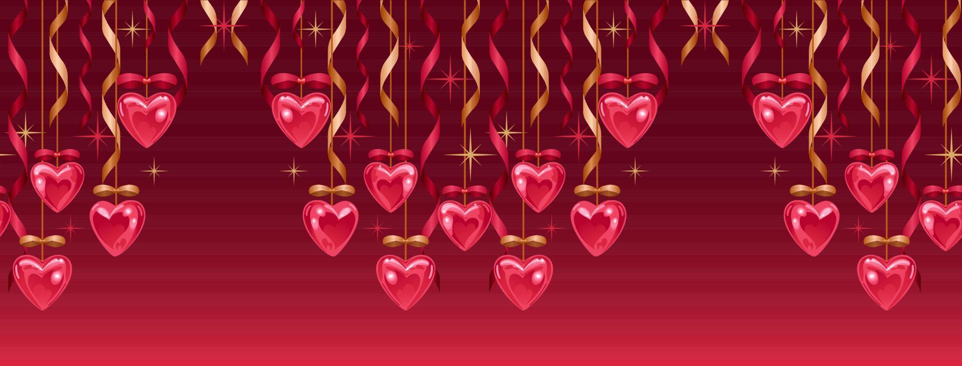 Seamless border for valentines day. Shining hearts, gold and red ribbons and bows, stars. love you. Bright horizontal vector illustration in a realistic style. For advertising banner, website