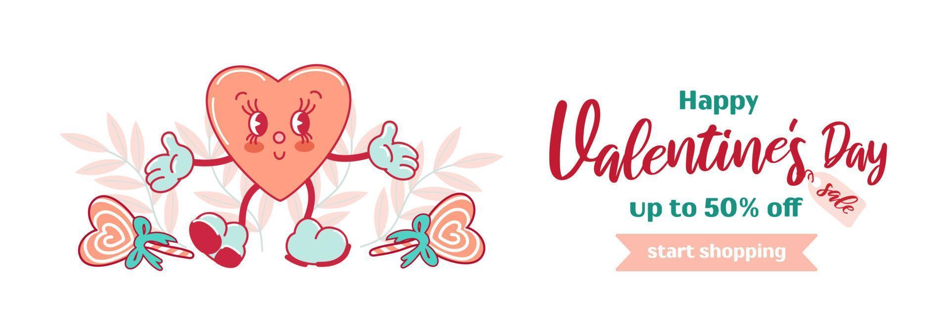 Horizontal banner for Valentines Day. Funny cute smiling heart character with face. Comic elements in trendy old retro cartoon style. For advertising, poster, flyer. vector
