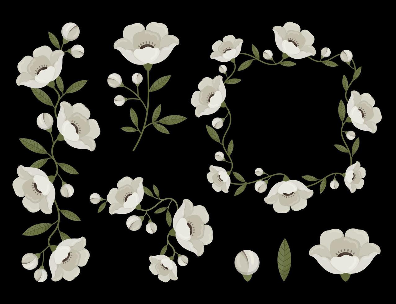 Folk set of floral elements isolated on dark background. White flowers with buds and leaves vector