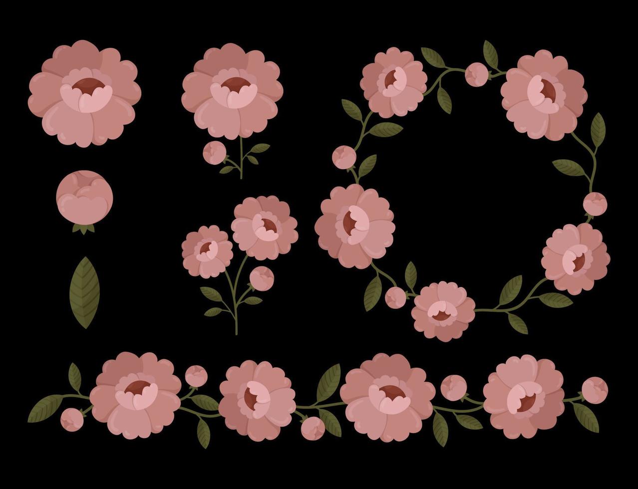 Folk set of floral elements isolated on dark background. Pastel pink peony flowers with buds and leaves. vector