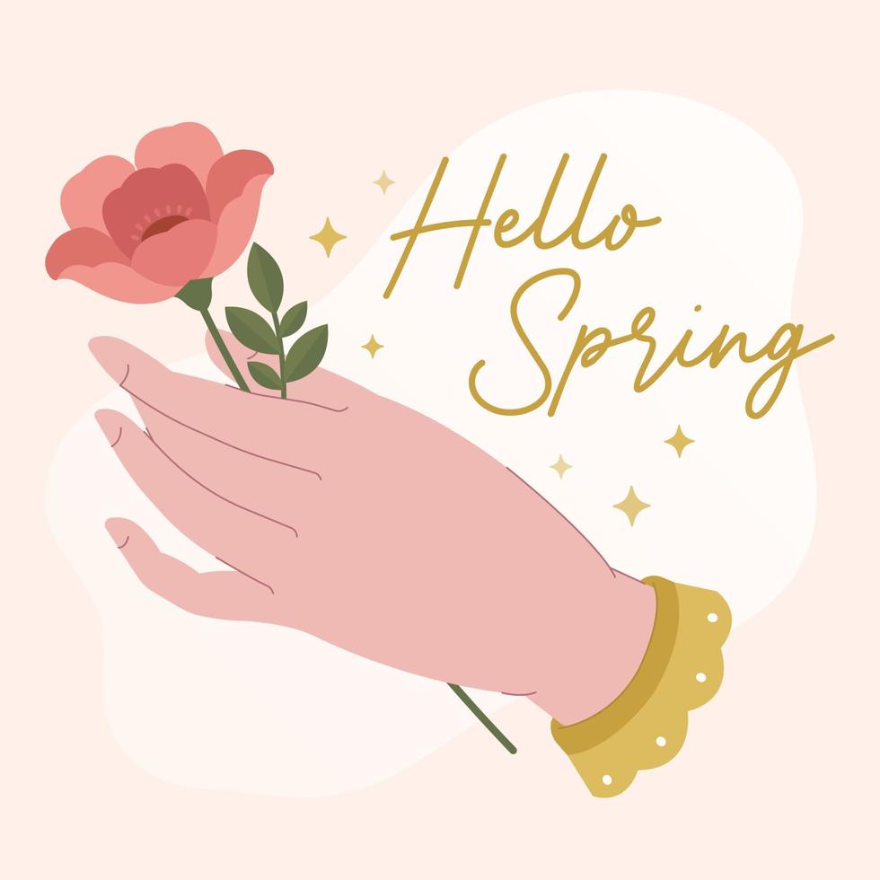 banner de primavera con mano femenina sosteniendo flor y letras dibujadas a mano hola primavera vector