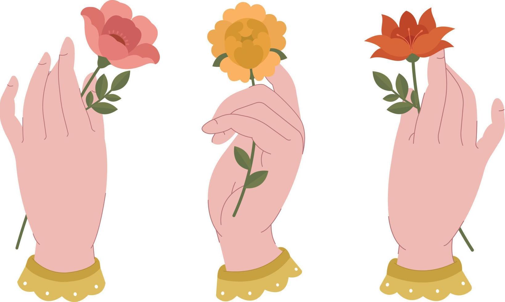 Set of female hands holding beautiful spring flowers, isolated on white background. Modern vector flat style