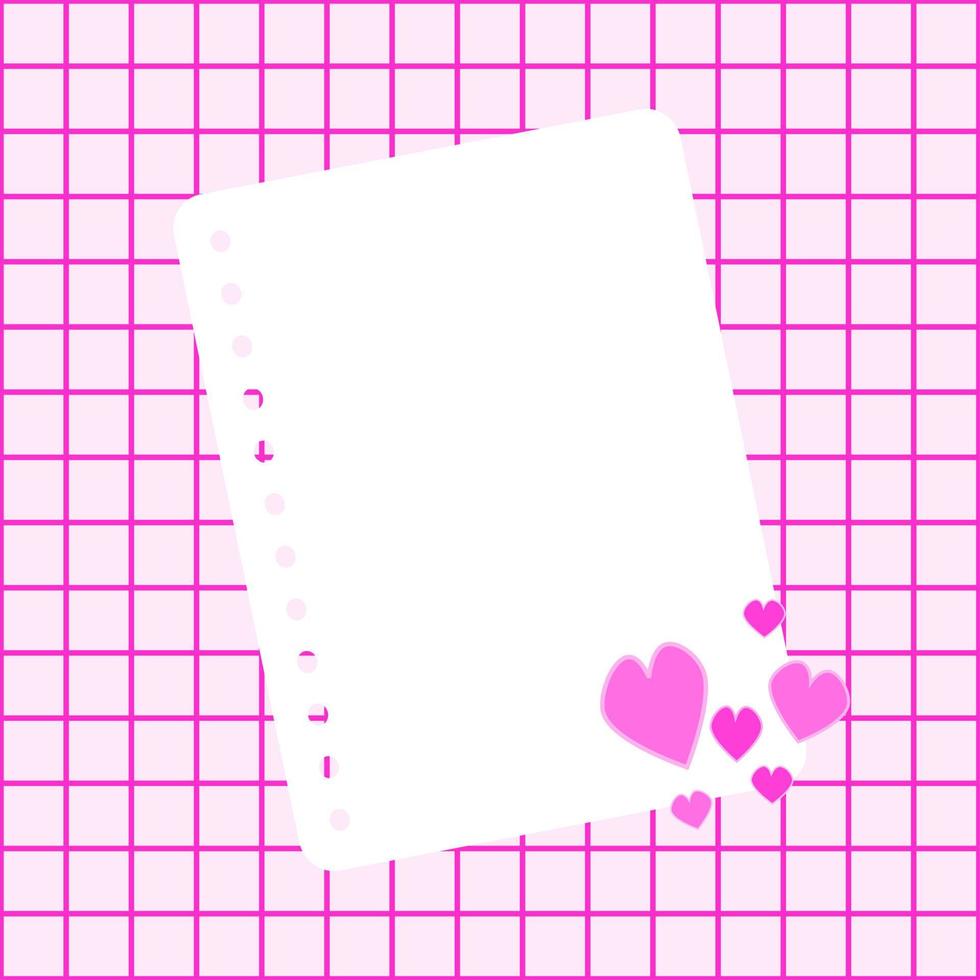 papel de nota blanco sobre un fondo rosa. se colocó una hoja de papel de cuaderno sobre un fondo de cuadros rosas con dulces corazones rosas en la esquina. día de san valentín, conceptos de amor. vector