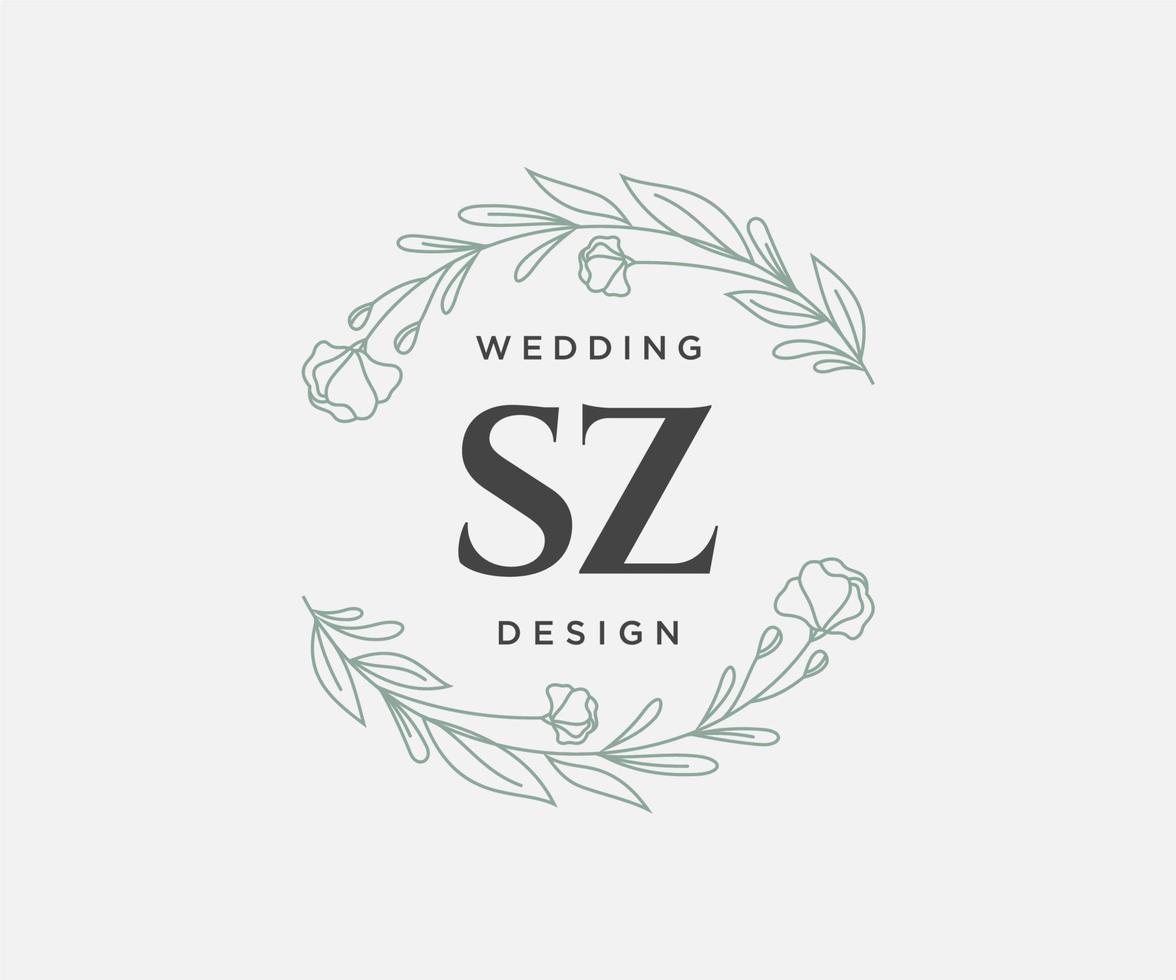 colección de logotipos de monograma de boda con letras iniciales sz, plantillas florales y minimalistas modernas dibujadas a mano para tarjetas de invitación, guardar la fecha, identidad elegante para restaurante, boutique, café en vector