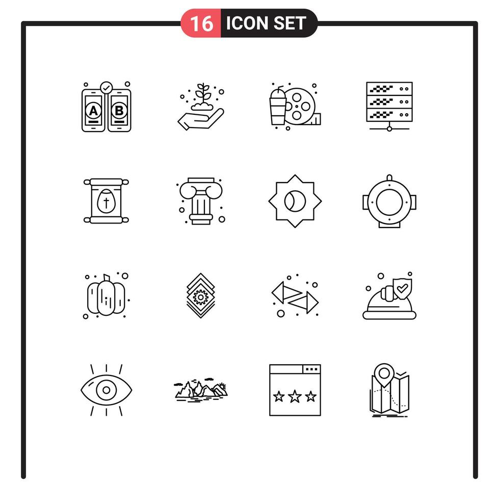 Pack of 16 Modern Outlines Signs and Symbols for Web Print Media such as scroll education drink web network server Editable Vector Design Elements