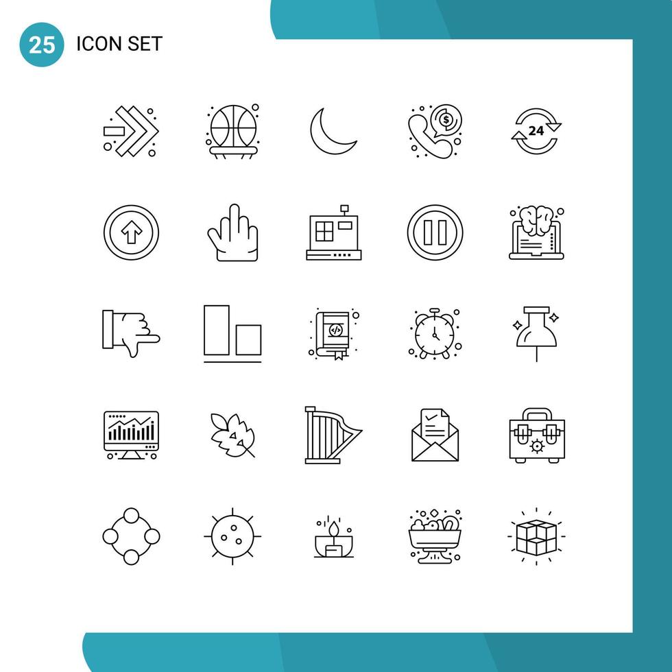 User Interface Pack of 25 Basic Lines of round the clock hotel sleep concierge online Editable Vector Design Elements