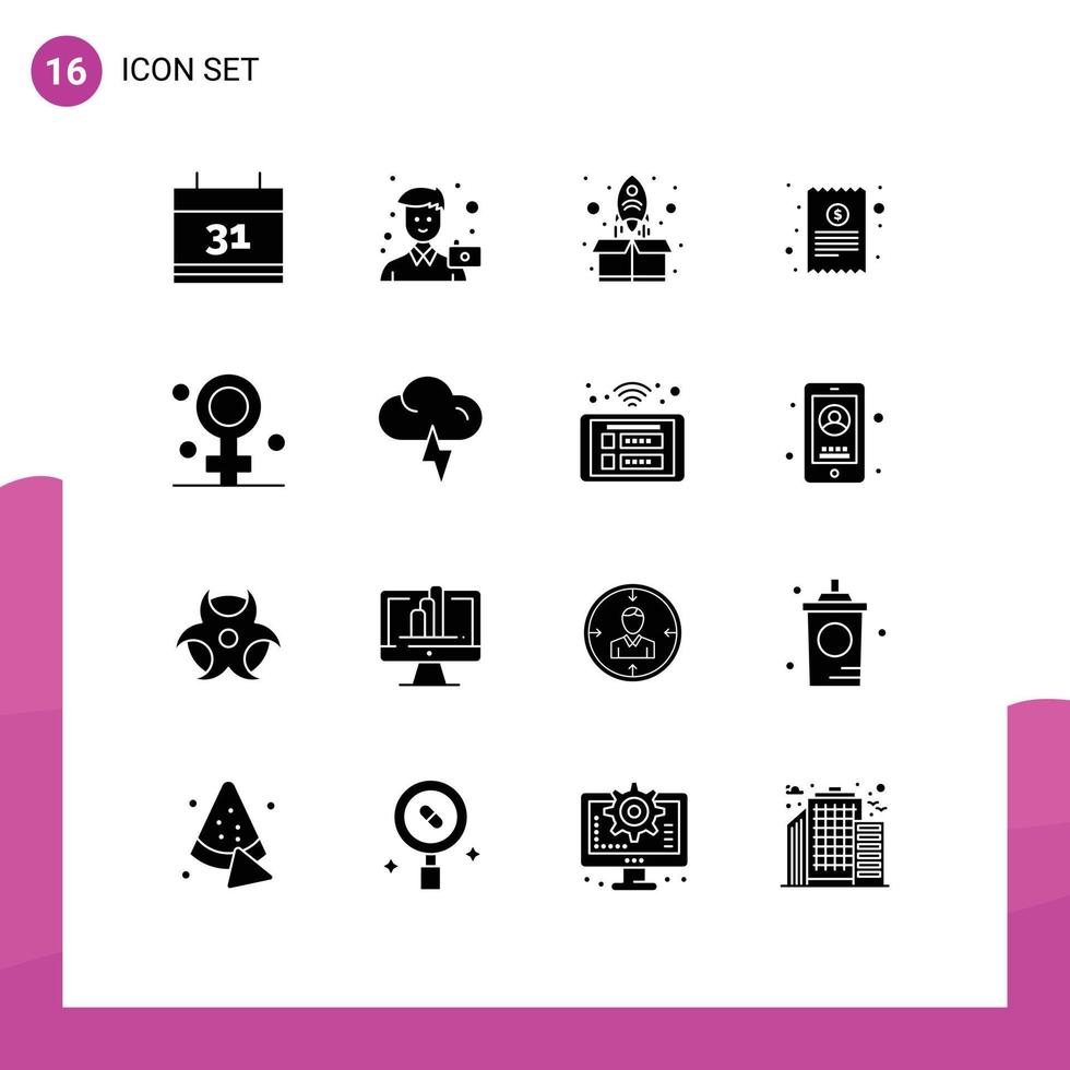 Group of 16 Solid Glyphs Signs and Symbols for female finance rocket receipt bill Editable Vector Design Elements