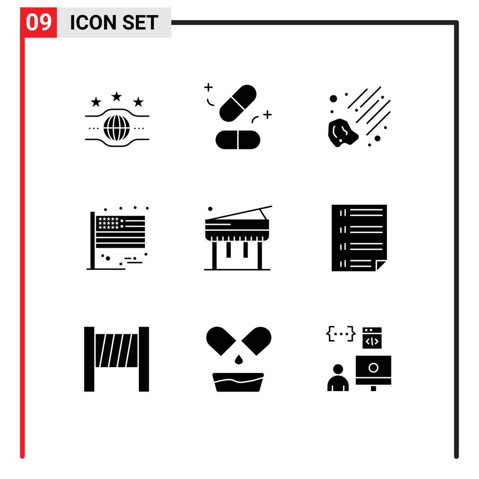 Pack of 9 creative Solid Glyphs of piano education meteor usa flag Editable Vector Design Elements