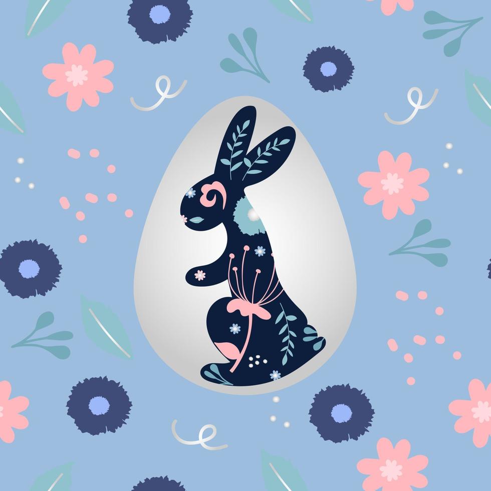 Seamless Easter pattern with bunny, egg and flowers. Cute hand drawn Easter doodle background vector