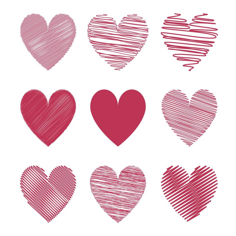 Set of hearts of different hatching and scribbles. The trend color of 2023 is Viva Magenta. Vector illustration.