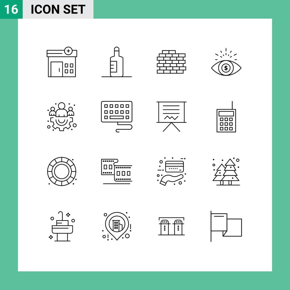 16 Universal Outlines Set for Web and Mobile Applications blackboard keyboard bricks team group Editable Vector Design Elements