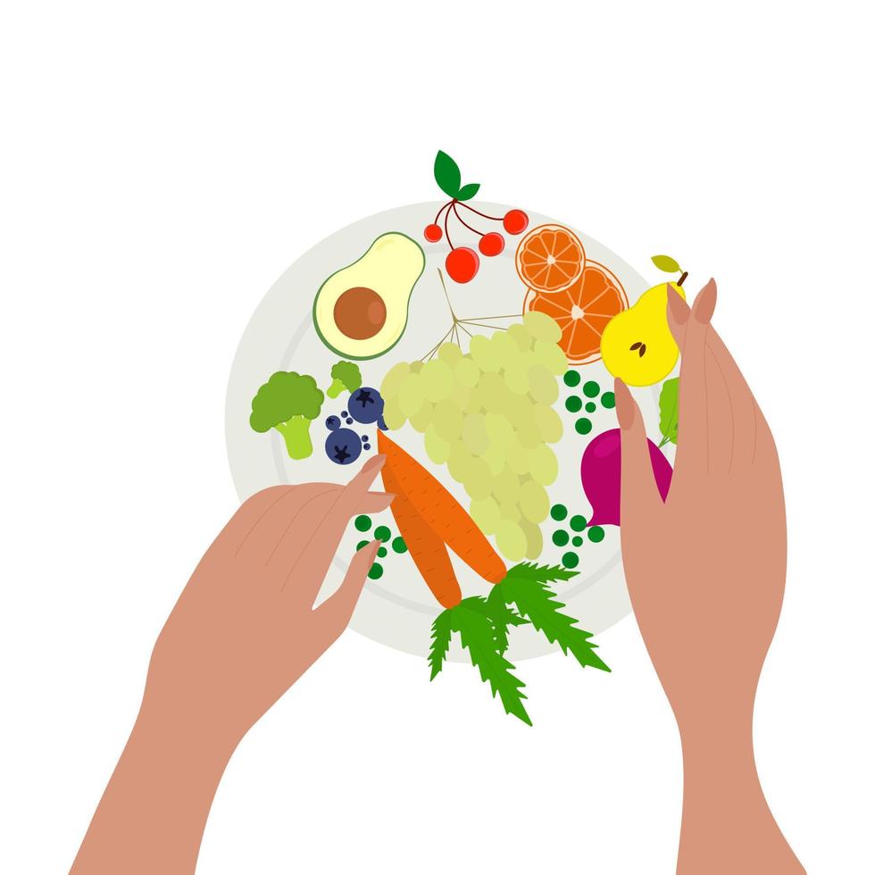 concepto vegetariano de alimentos frescos y saludables que muestra un plato de verduras y frutas que buscan un tazón de verduras vector