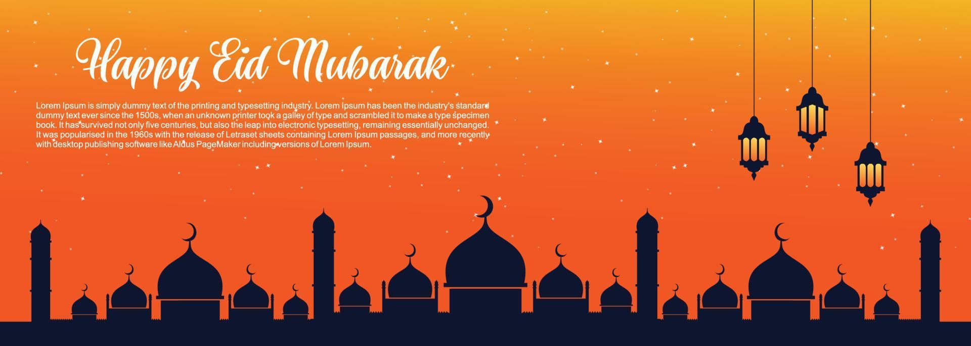 eid mubarak fondo islámico, feliz eid mubarak banner ilustración, tarjeta de felicitación islámica religión celebración musulmana. caligrafía árabe moderna vector
