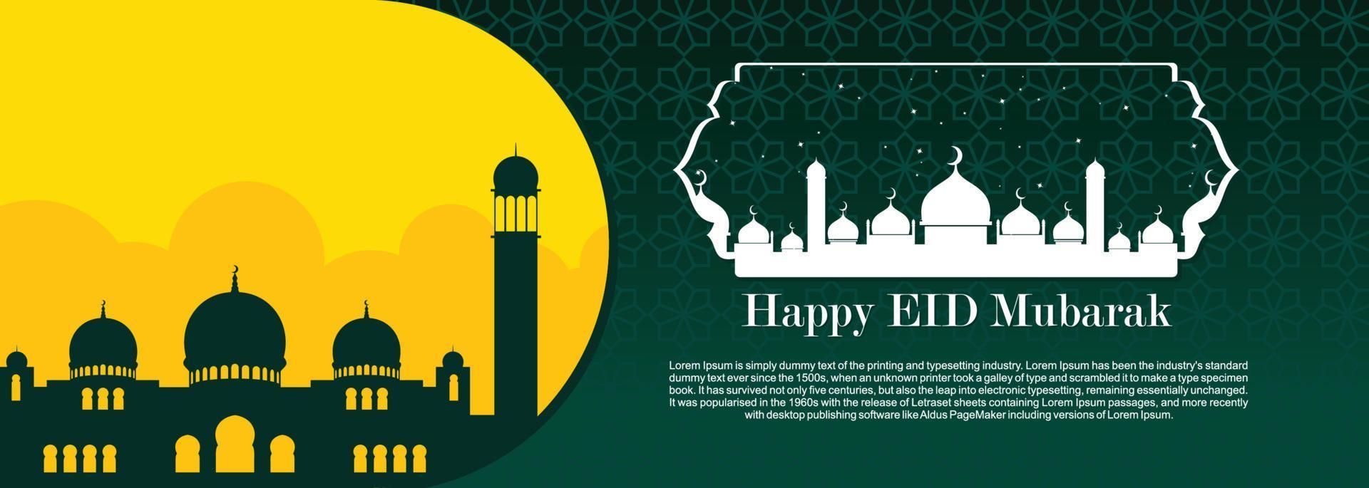 eid mubarak fondo islámico, feliz eid mubarak banner ilustración, tarjeta de felicitación islámica religión celebración musulmana. caligrafía árabe moderna vector