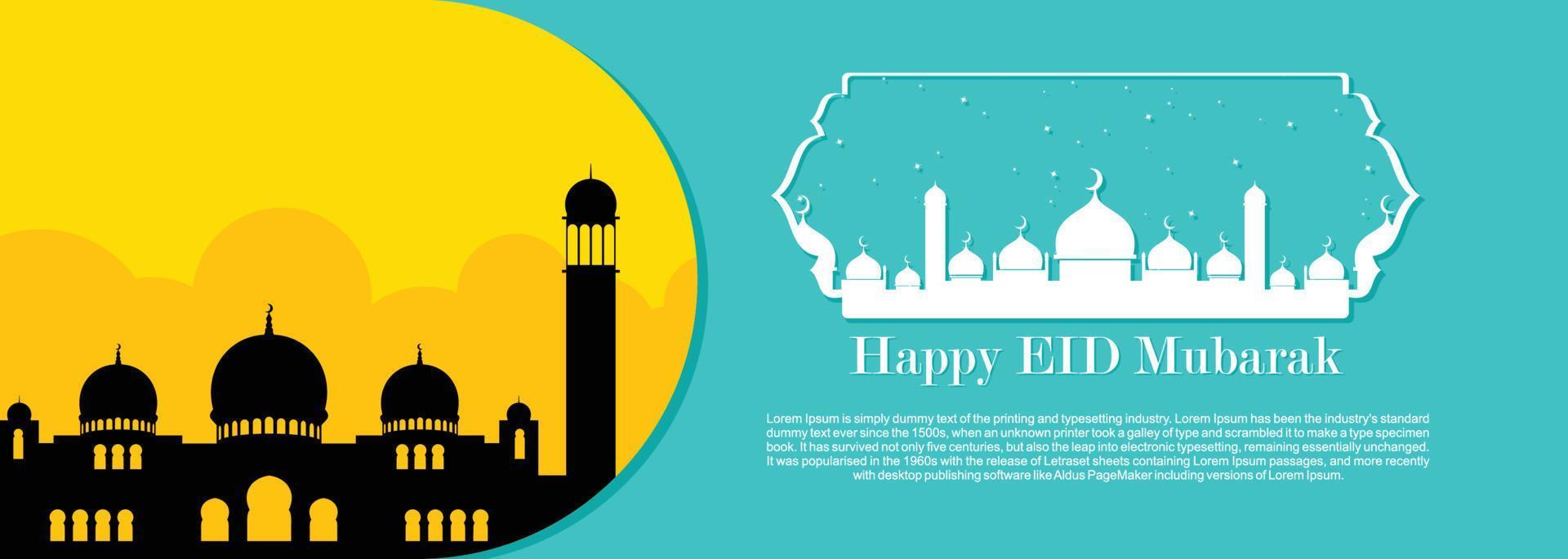 eid mubarak fondo islámico, feliz eid mubarak banner ilustración, tarjeta de felicitación islámica religión celebración musulmana. caligrafía árabe moderna vector