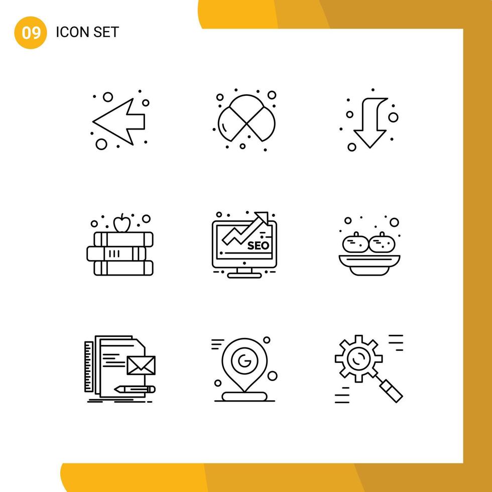 Editable Vector Line Pack of 9 Simple Outlines of marketing apple arrow school book Editable Vector Design Elements