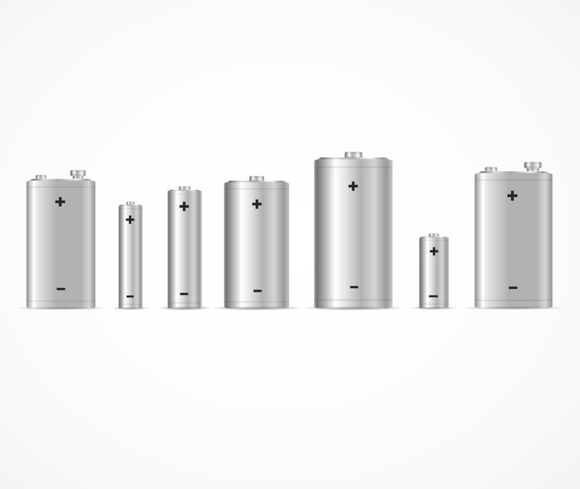 conjunto de maquetas de plantilla de batería alcalina en blanco 3d detallada realista. vector