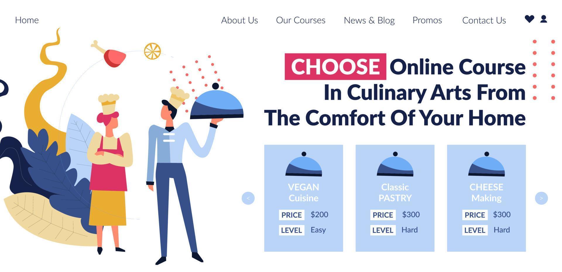 Choose online course in culinary arts, website vector