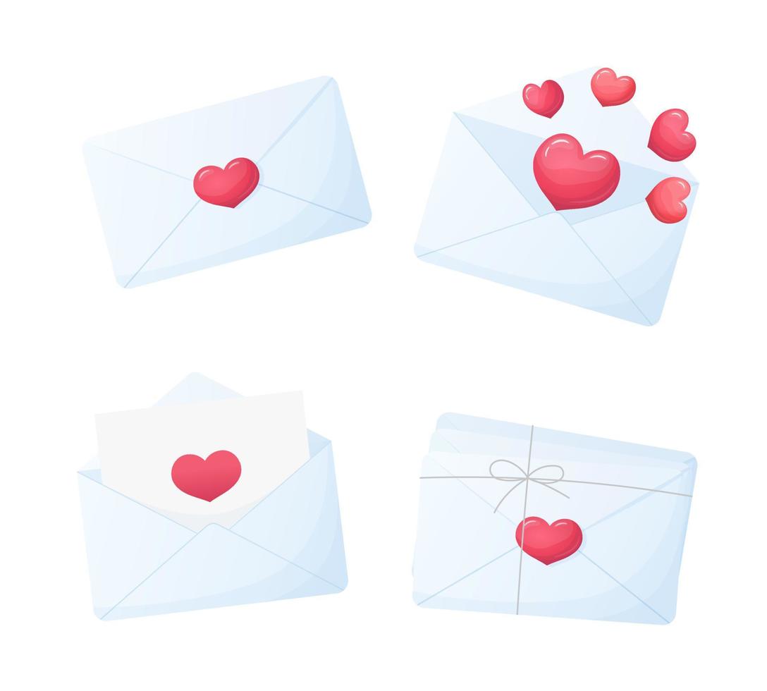 Collection of blue closed and open envelopes with pink hearts. Romantic love letters. Vector illustration.