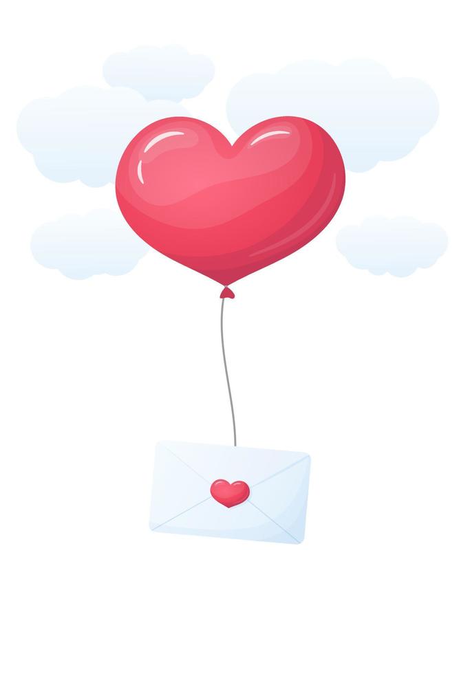 un globo en forma de corazón con un sobre volando en el cielo. saludo feliz día de san valentín. vector. vector