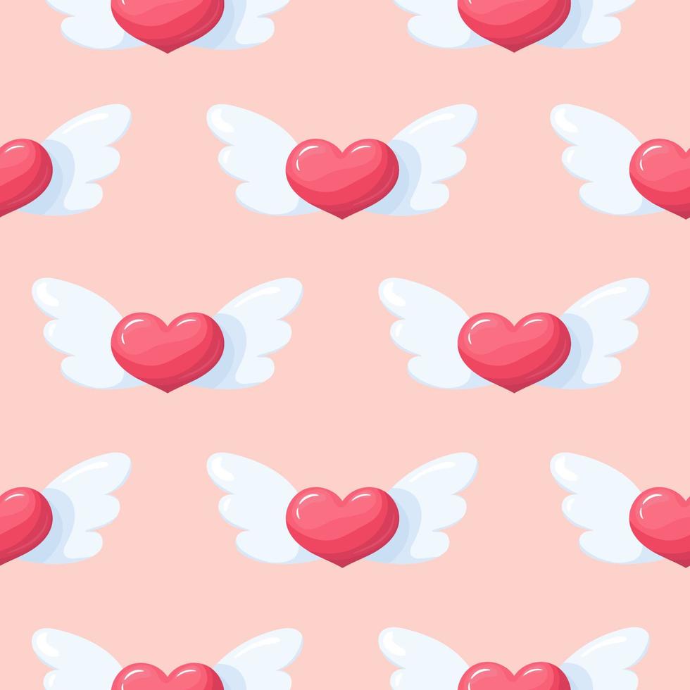 Seamless pattern of cute pink hearts with wings. Background for Valentine's day. vector