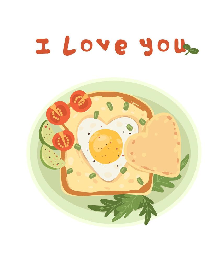 Postcard I love you. Heart shaped scrambled eggs. Toast with egg, avocado and tomatoes. vector