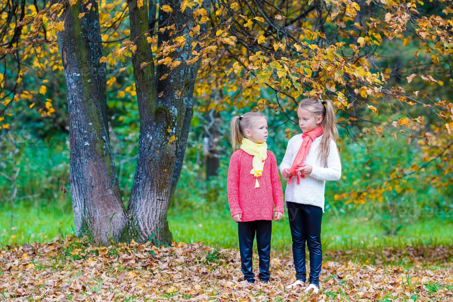 dos adorables chicas en el parque en un cálido y soleado día de otoño foto