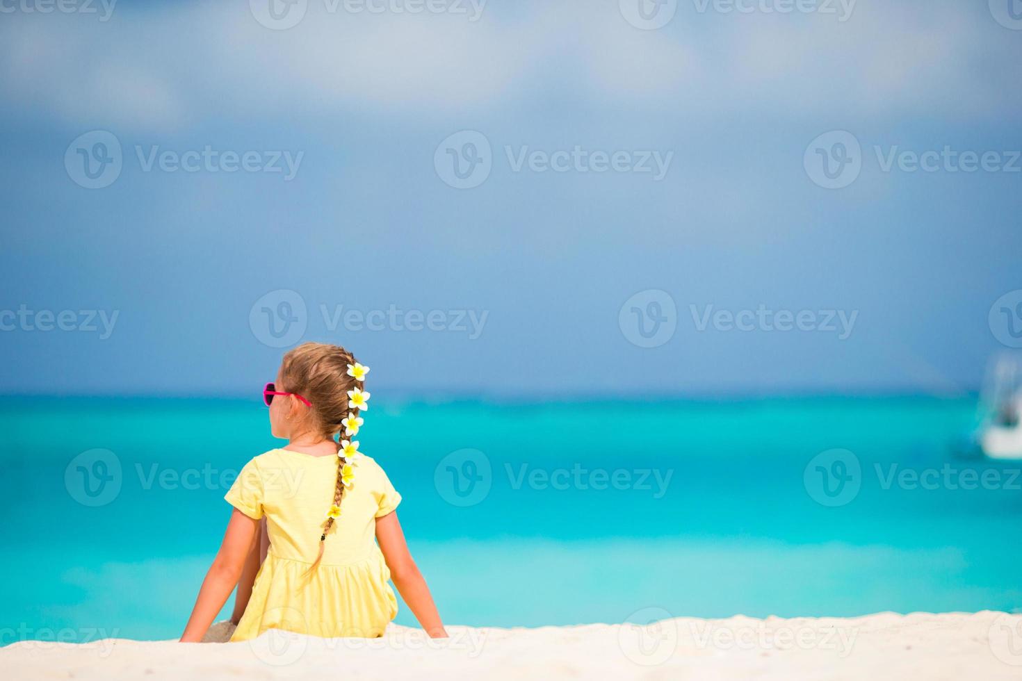 Adorable little girl with frangipani flowers in hairstyle on beach photo