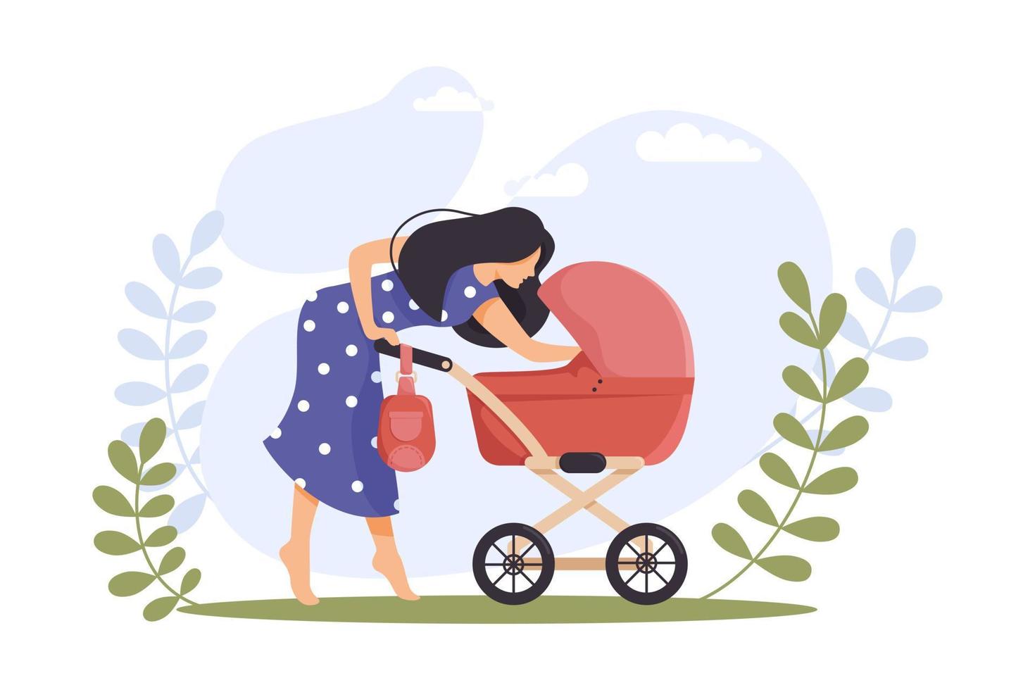 joven madre camina con cochecito en el parque. maternidad feliz cochecito de bebé. paternidad moderna. cuidado de los niños. concepto de actividad al aire libre para banner, diseño de sitio web o página web de inicio. ilustración vectorial vector