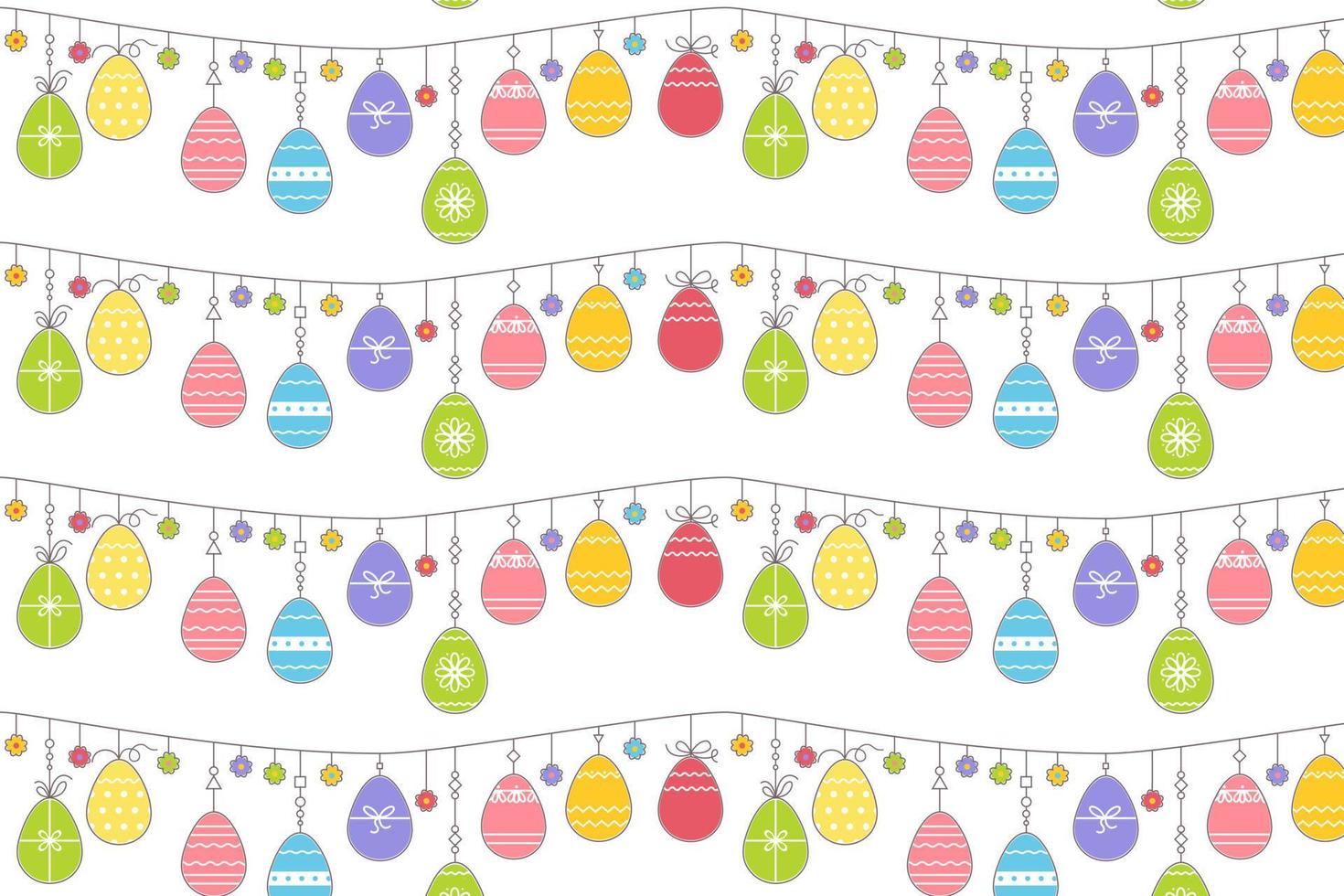 Seamless Horizontal pattern. Garland of Easter eggs. Hung colorful eggs on rope. Cute hand drawn Easter design, decoration. Easter card, banner, wallpaper vector