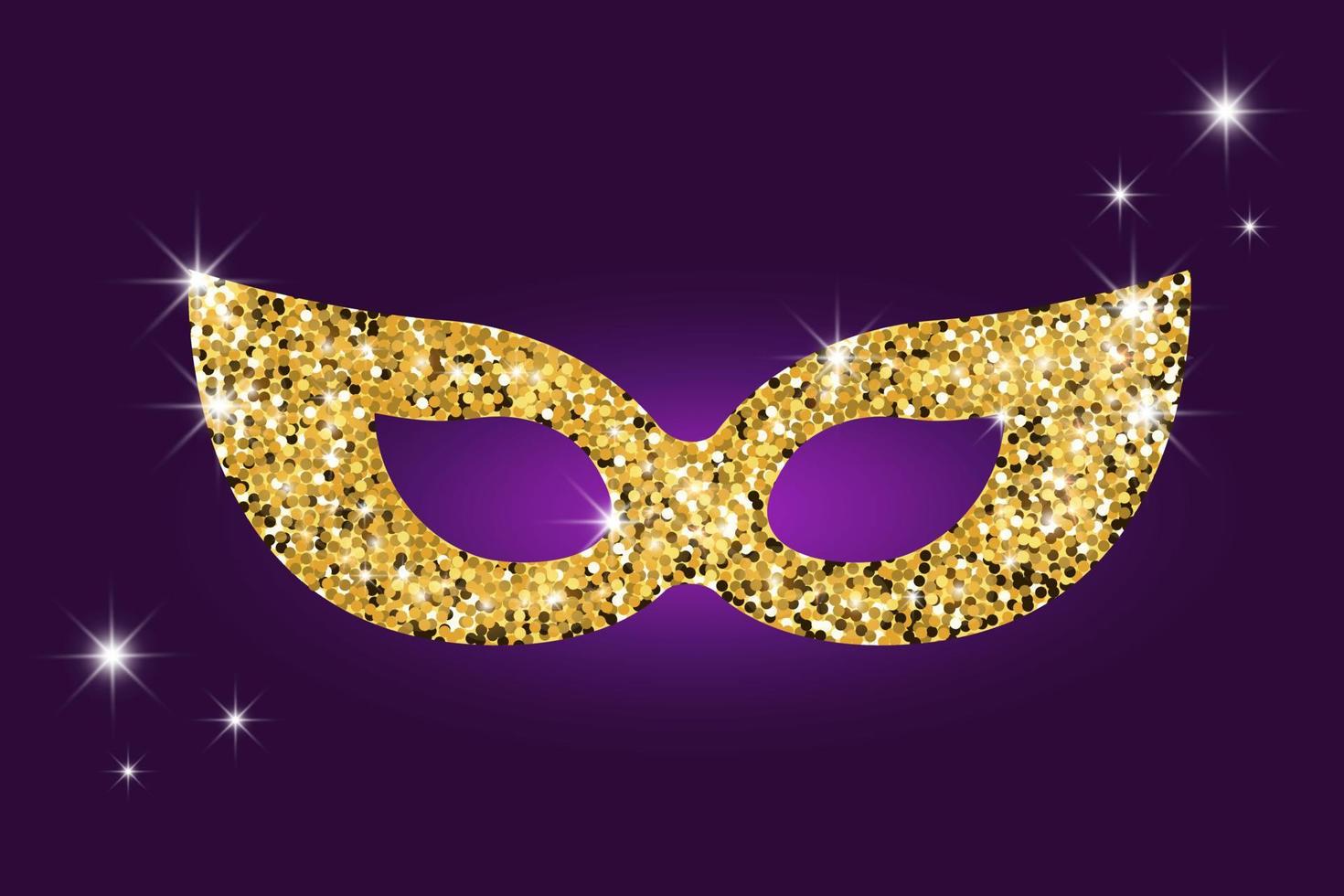 Golden Glitter Masquerade mask on dark purple background. For Mardi gras, Christmas, New Year, Venice, Brazilian Carnival. Celebration greeting card. Vector illustration