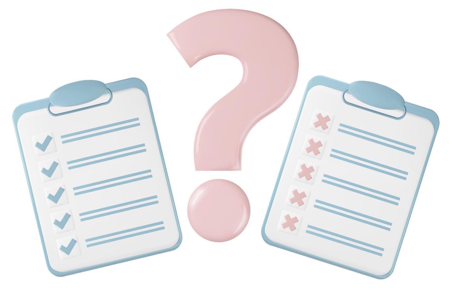 3d survey icon with question mark. Pass exam or fail vector illustration. Document with test or feedback form for business application