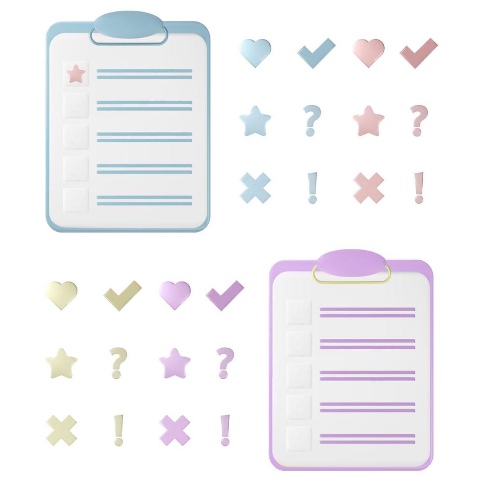 Fully customizable 3d list with different checks and ticks. Vector notepad for survey and questionnaire icon. Exam or test checklist illustration with isolated symbols